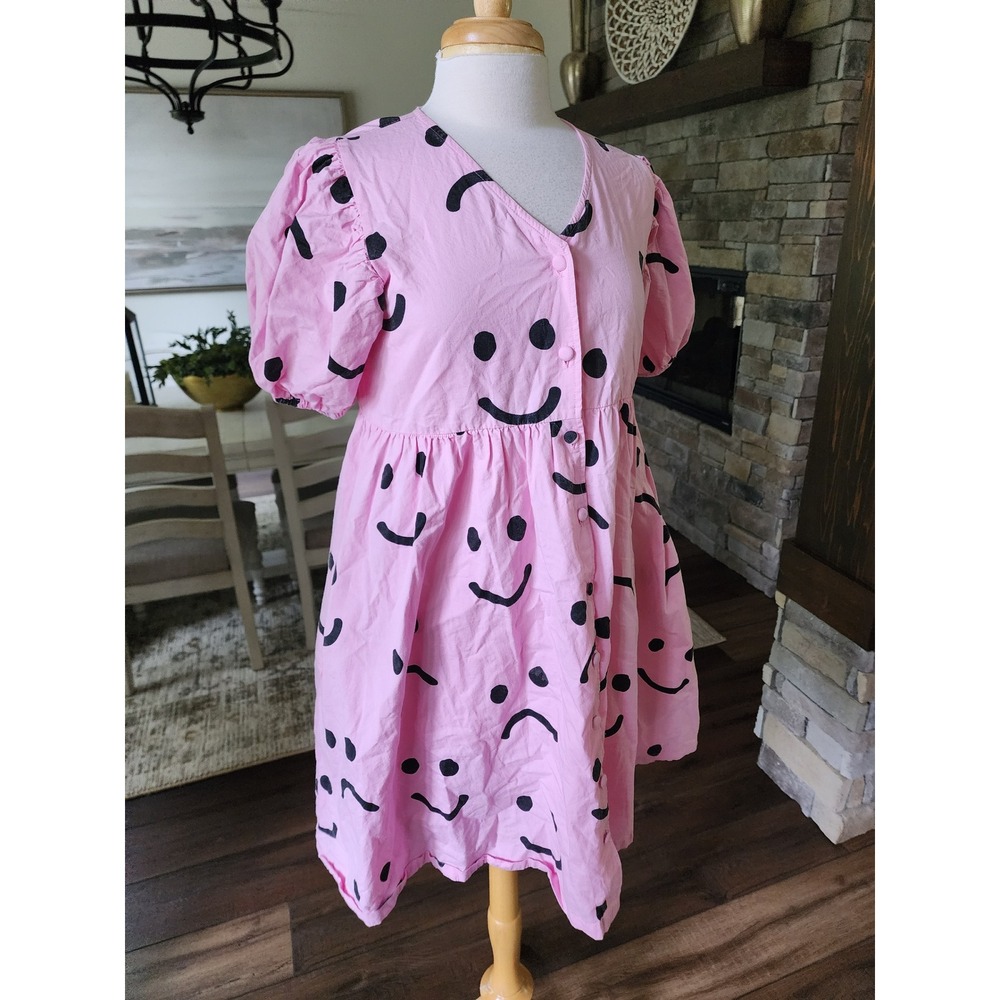 Lazy Oaf Pink Happy Sad Smiley Face Button Front Puff Sleeve Dress US 4 SOLD OUT